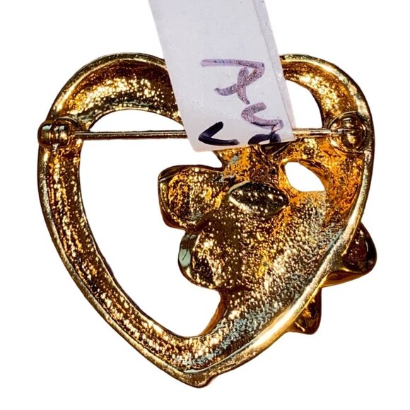 Vintage Gold Heart Flower Brooch With Rhinestone Center Retro Pin Jewelry Access - Picture 5 of 7